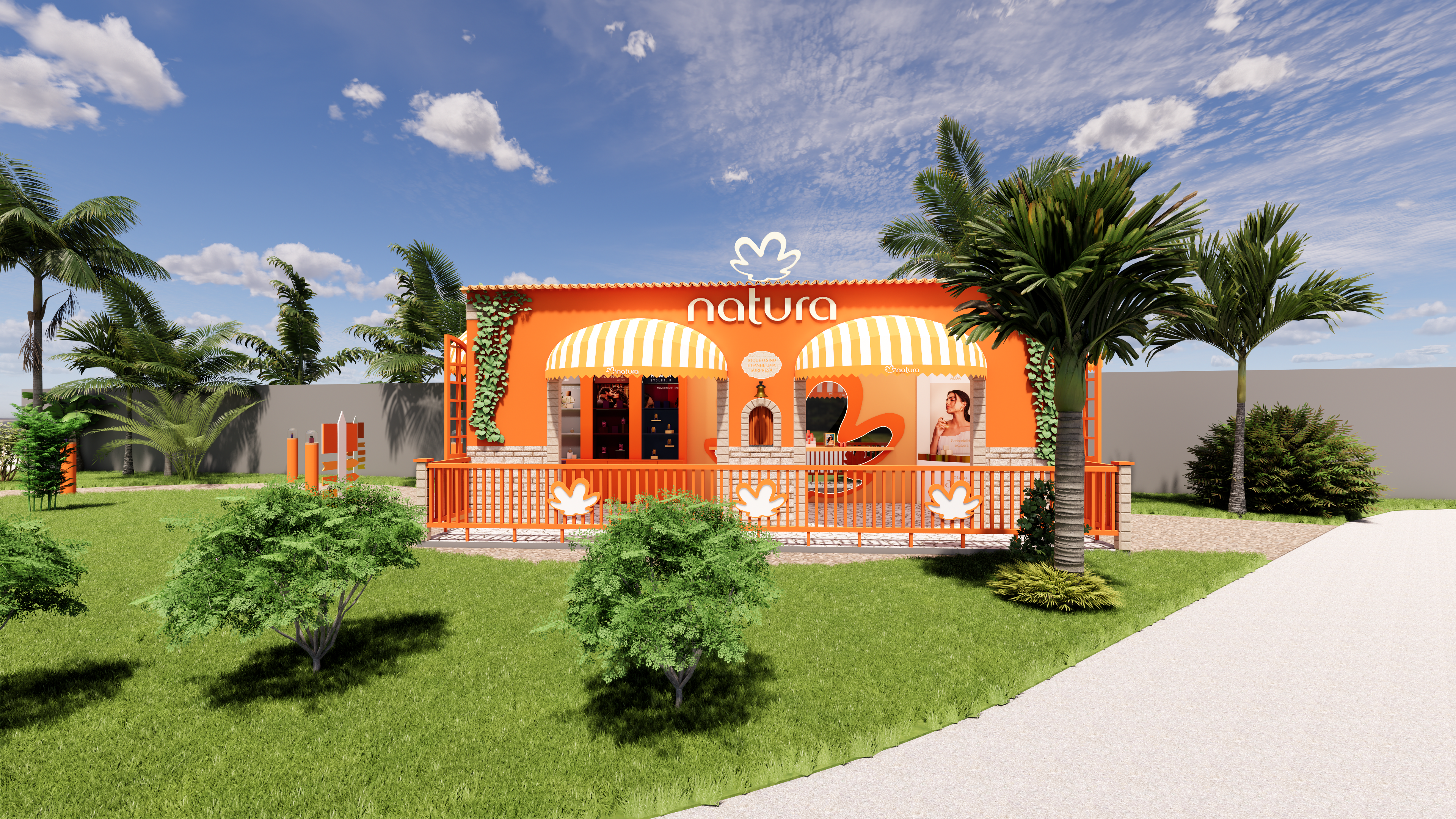 Espaço temático da Natura no evento Na Praia 2025 com fachada laranja, toldos listrados amarelo e branco, vegetação tropical, deck de madeira e elementos sustentáveis que representam a identidade da marca.